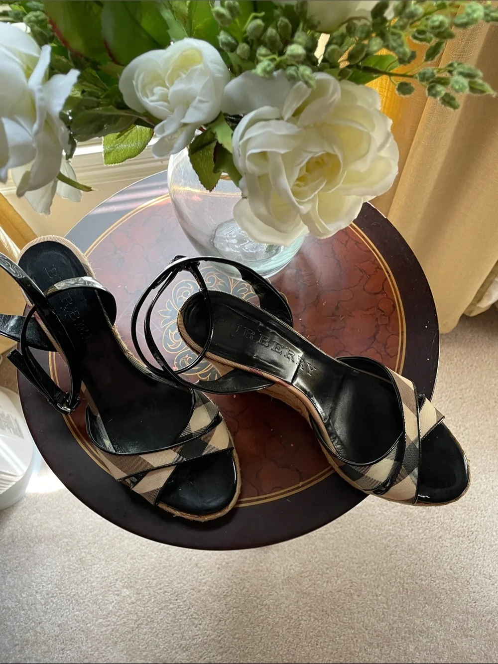 Burberry Beige & Black Check Espadrille Wedge Sandals